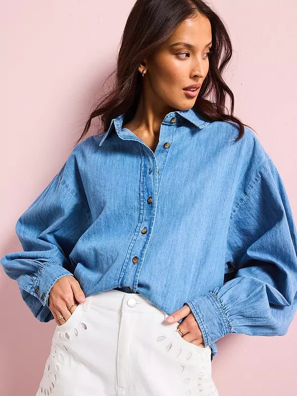 Volume Sleeve Soft Denim Shirt - Mid Wash