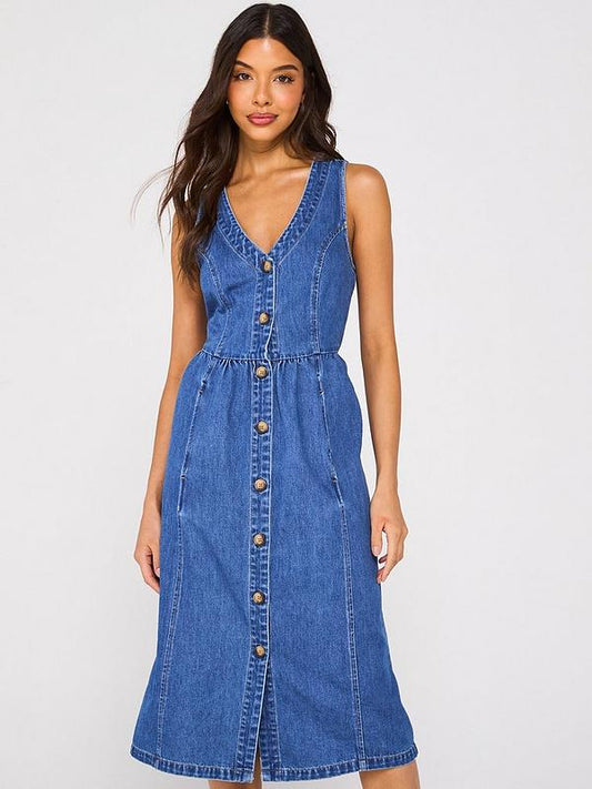 V by Very Sleeveless V Neck Denim Midi Dress - Dark Wash