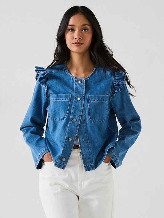V by Very Denim Ruffle Trophy Jacket   - Mid Wash