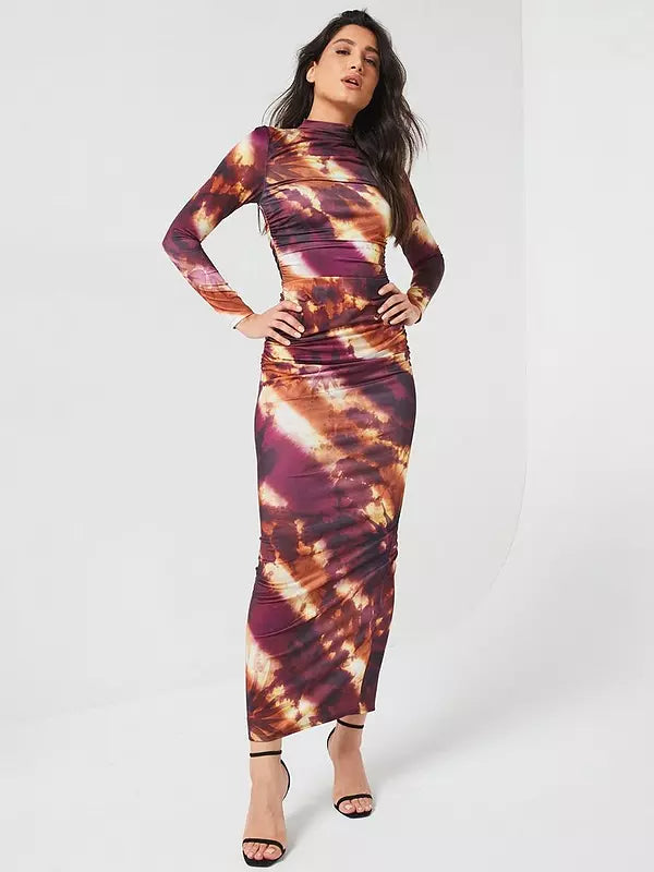 Long Sleeve Ruched Printed Dress - Brown