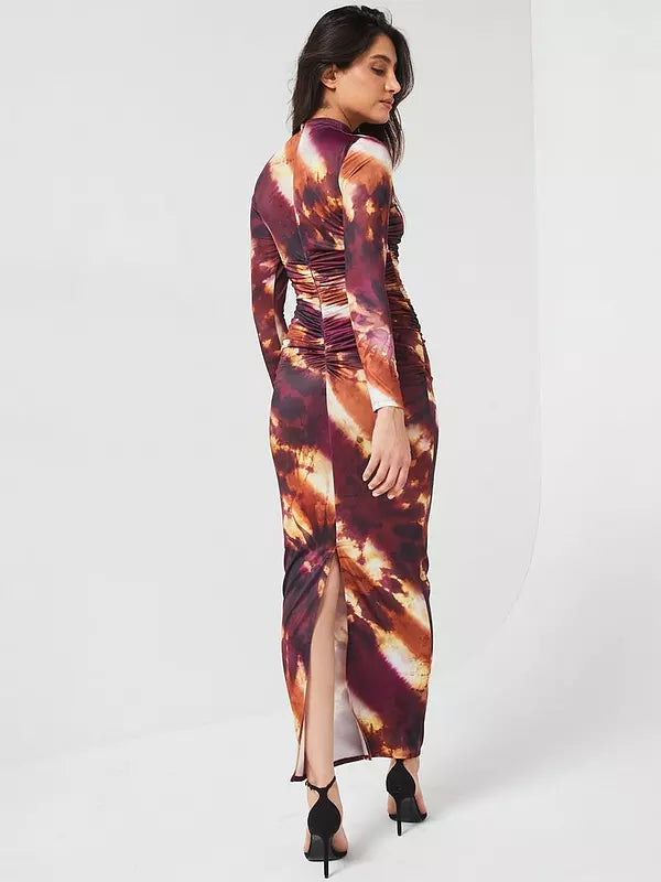 Long Sleeve Ruched Printed Dress - Brown