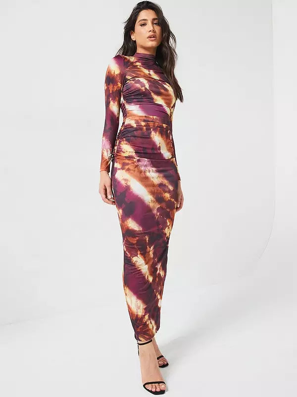 Long Sleeve Ruched Printed Dress - Brown