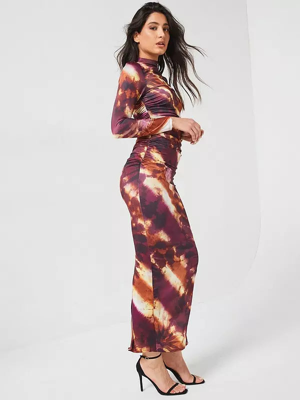 Long Sleeve Ruched Printed Dress - Brown