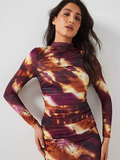 Long Sleeve Ruched Printed Dress - Brown