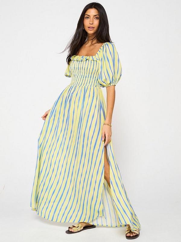 Shirred Front Stripe Beach Maxi Dress - Multi