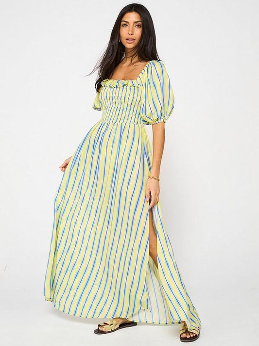Shirred Front Stripe Beach Maxi Dress - Multi