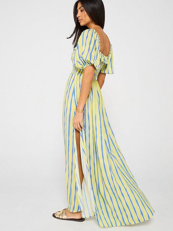 Shirred Front Stripe Beach Maxi Dress - Multi