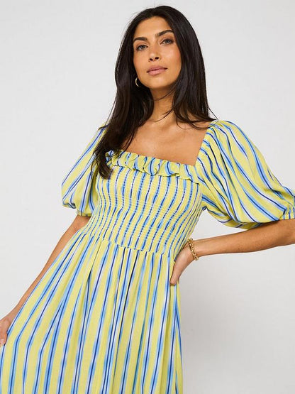 Shirred Front Stripe Beach Maxi Dress - Multi