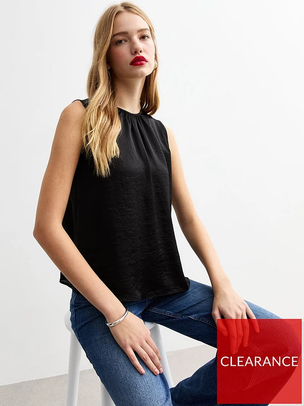 Pleated Neck Sleeveless Top - Black
