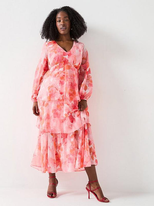 V by Very Curve Tiered Ditsy Floral Hanky Hem Midaxi Dress - Pink Print