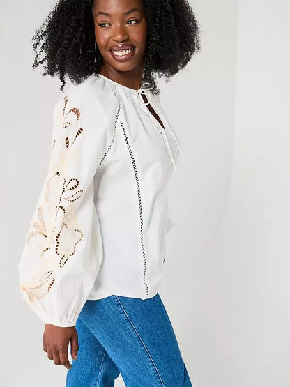 V by Very Curve Embroidered Sleeve Tie Neck Blouse - White