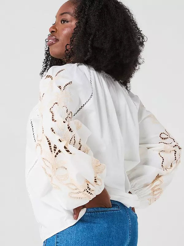 V by Very Curve Embroidered Sleeve Tie Neck Blouse - White