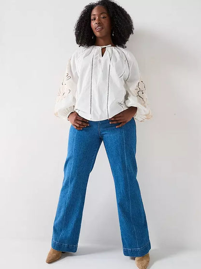 V by Very Curve Embroidered Sleeve Tie Neck Blouse - White