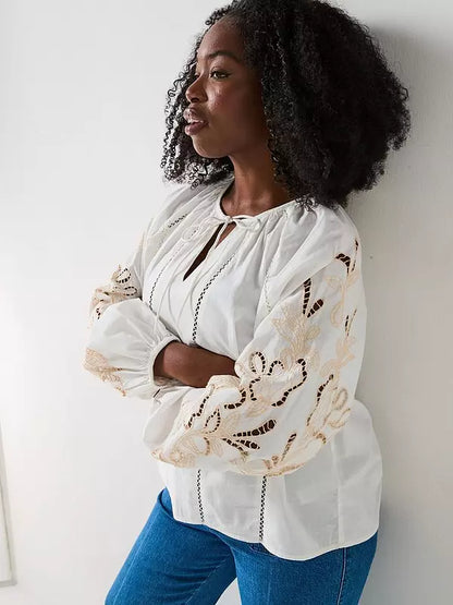 V by Very Curve Embroidered Sleeve Tie Neck Blouse - White