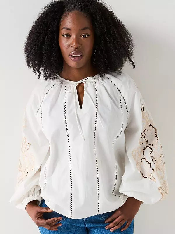 V by Very Curve Embroidered Sleeve Tie Neck Blouse - White