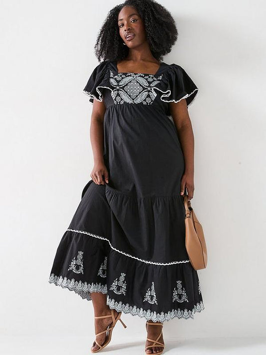 V by Very Curve Embroidered Maxi Dress - Black