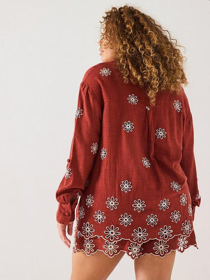 Embroidered Floral Shirt Co-Ord - Rust