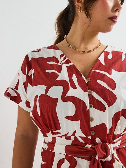 V by Very Curve Printed Belted Cotton Dress - Print