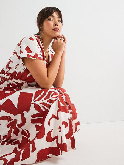 V by Very Curve Printed Belted Cotton Dress - Print