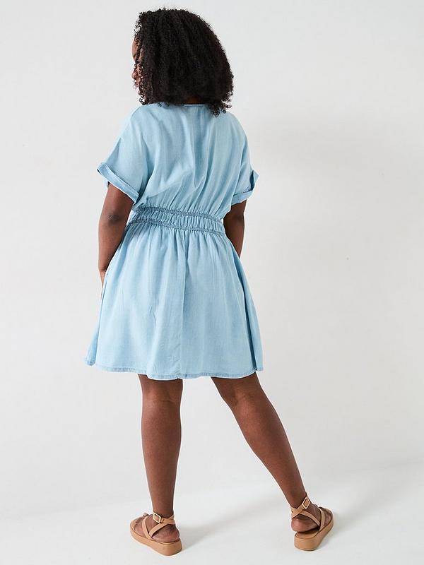 Curve Waist Detail Soft Denim Mini Dress - Blue