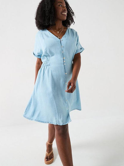 Curve Waist Detail Soft Denim Mini Dress - Blue