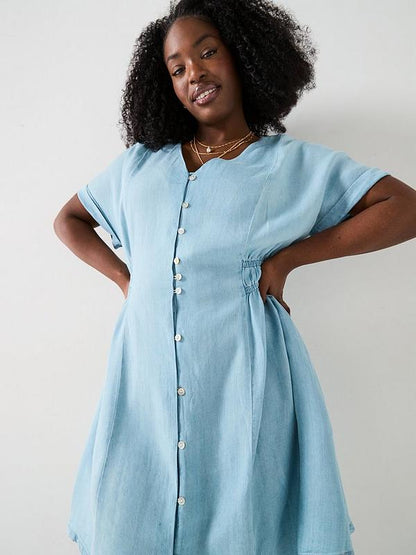 Curve Waist Detail Soft Denim Mini Dress - Blue