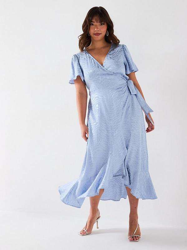 V by Very Curve Jacquard Angel Sleeve Midaxi Dress - Light Blue