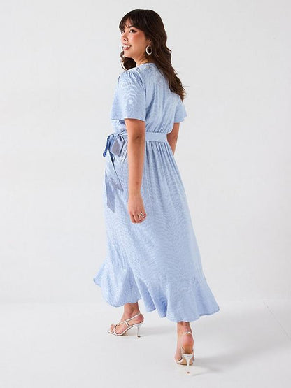V by Very Curve Jacquard Angel Sleeve Midaxi Dress - Light Blue