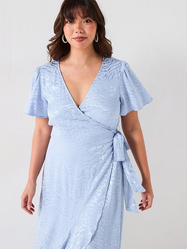 V by Very Curve Jacquard Angel Sleeve Midaxi Dress - Light Blue