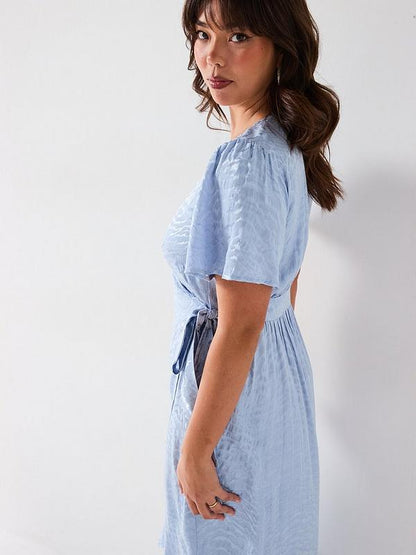 V by Very Curve Jacquard Angel Sleeve Midaxi Dress - Light Blue