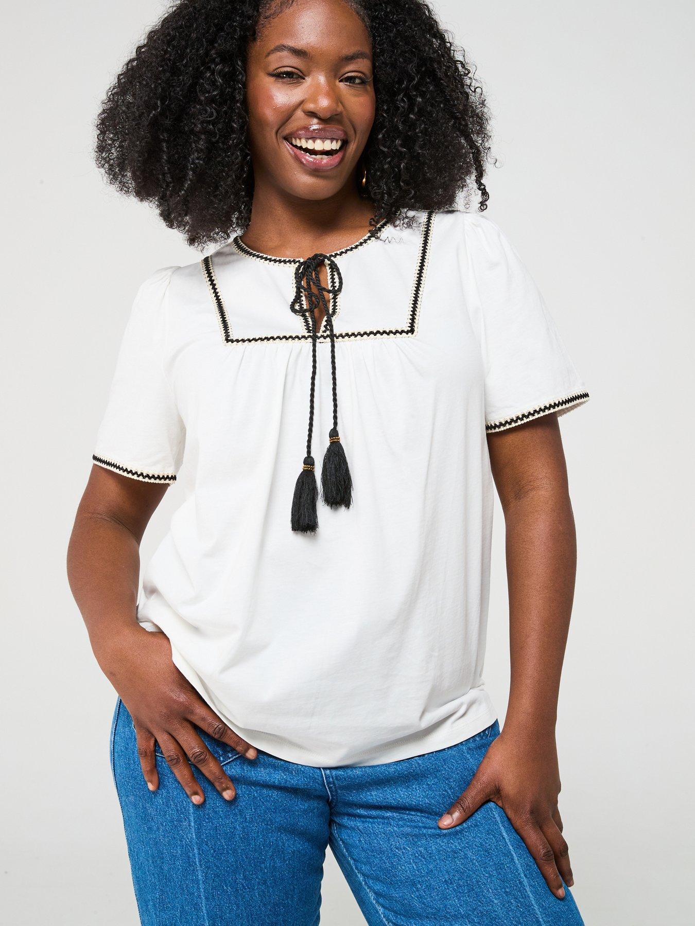 V by Very Curve Stitch & Tassel Detail T-Shirt - White