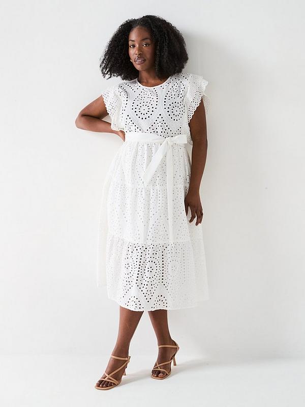 V by Very Curve Broderie Tie Waist Midi Dress - White