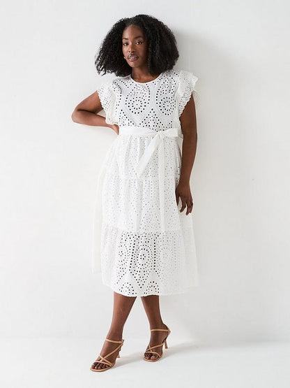 V by Very Curve Broderie Tie Waist Midi Dress - White