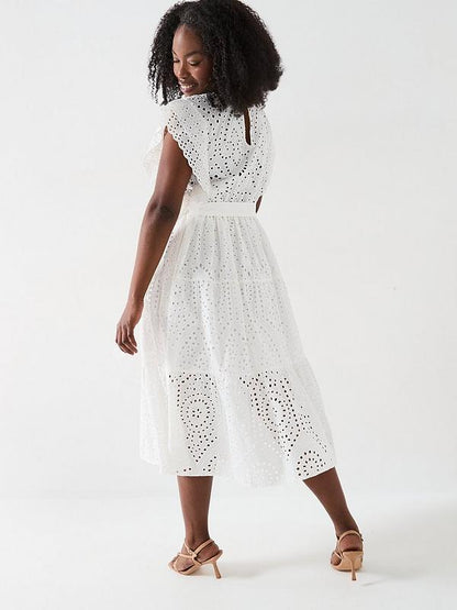 V by Very Curve Broderie Tie Waist Midi Dress - White