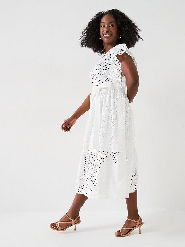 V by Very Curve Broderie Tie Waist Midi Dress - White