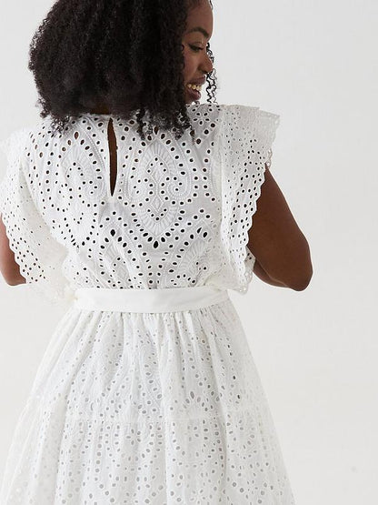 V by Very Curve Broderie Tie Waist Midi Dress - White