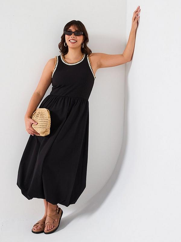V by Very Curve Puffball Hem 2 in 1 Midi Dress - Black
