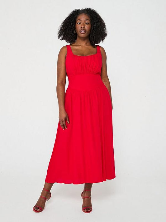V by Very Curve Shirred Back Waisted Midaxi Dress in red.
