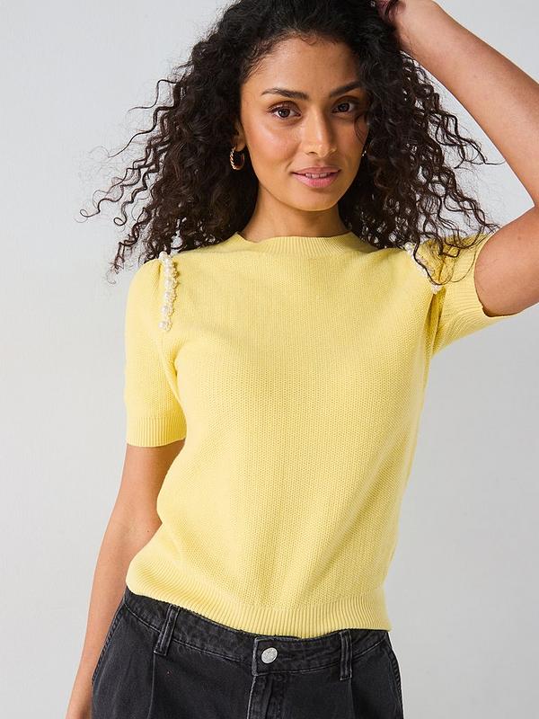 V by Very Crew Neck Embellished Knitted Top With Wool - Yellow