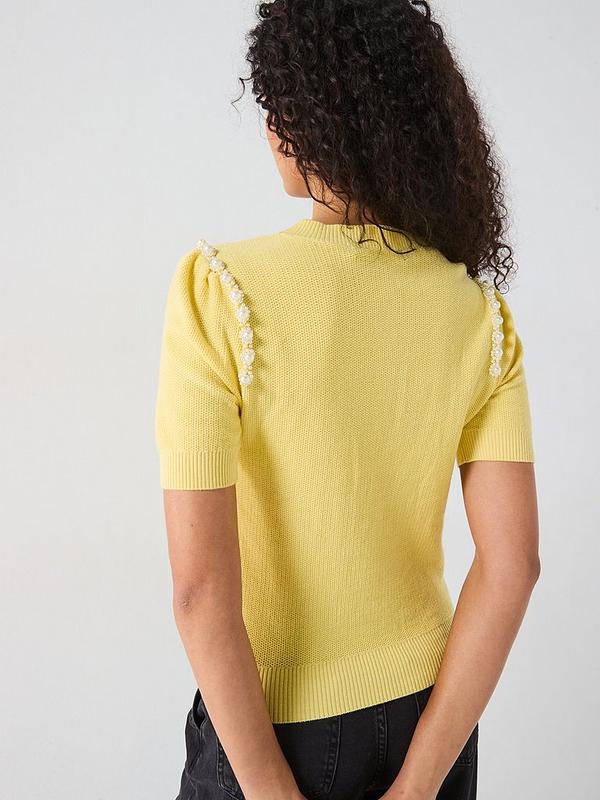 V by Very Crew Neck Embellished Knitted Top With Wool - Yellow