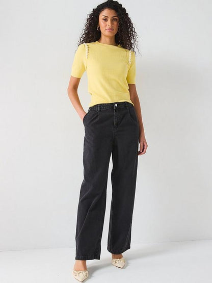 V by Very Crew Neck Embellished Knitted Top With Wool - Yellow