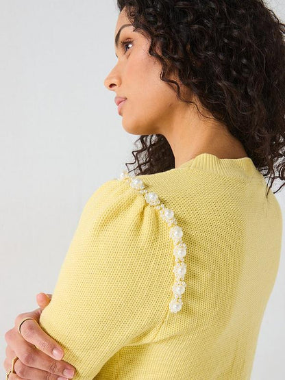 V by Very Crew Neck Embellished Knitted Top With Wool - Yellow