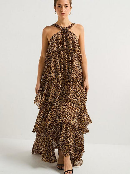 Vero Moda Leopard Print Ruffle Halter Neck Maxi Dress - Black - Multi