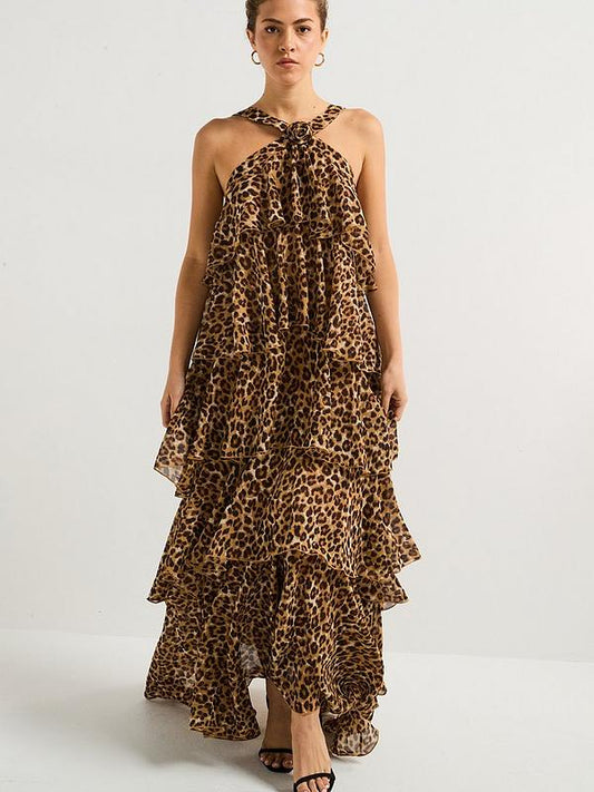 Vero Moda Leopard Print Ruffle Halter Neck Maxi Dress - Black - Multi