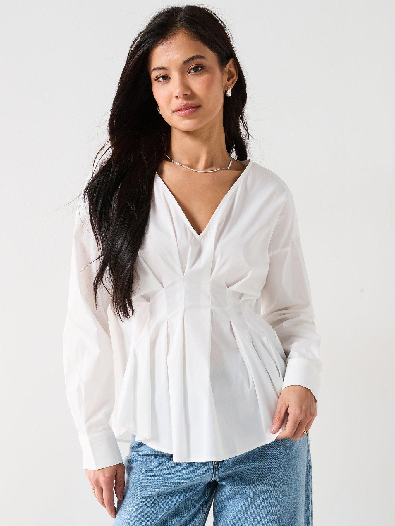 V Neck Long Sleeve Shirt - White