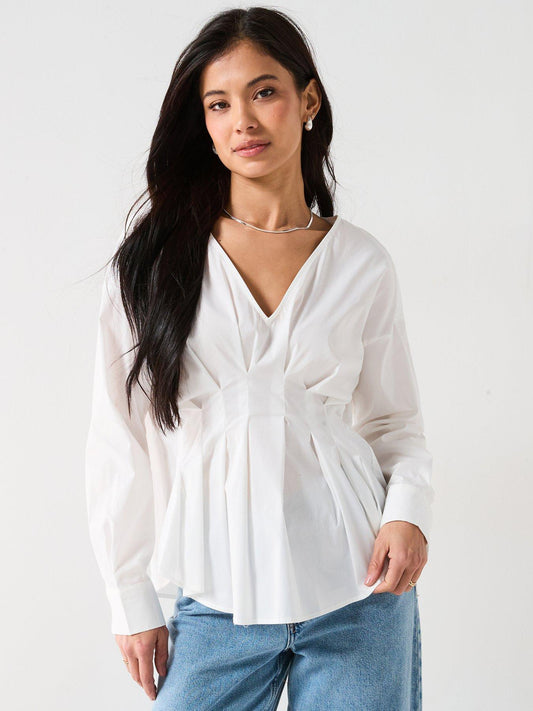 V Neck Long Sleeve Shirt - White