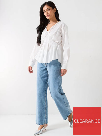 V Neck Long Sleeve Shirt - White