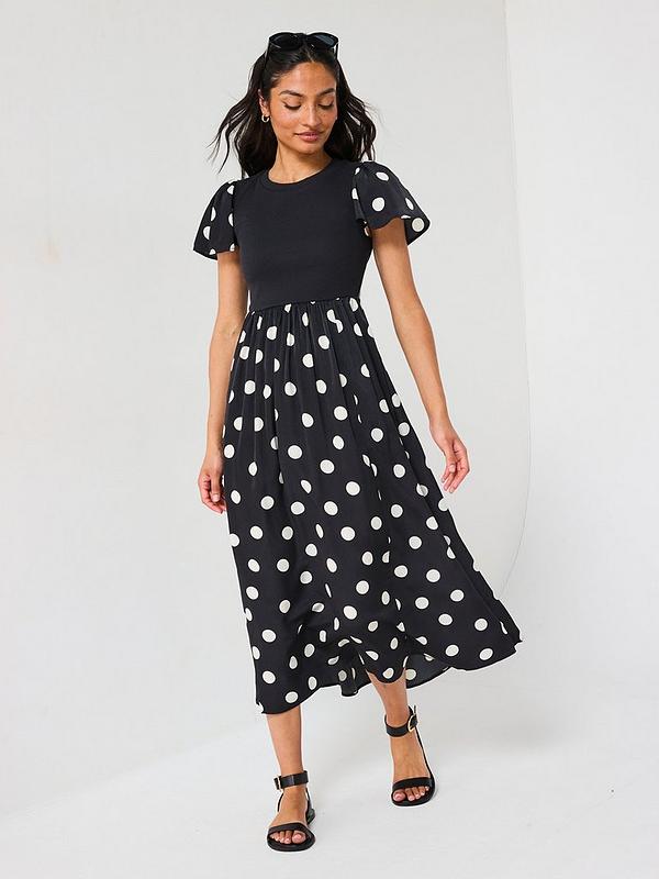 Polka Dot Woven Mix Midi Dress - Black