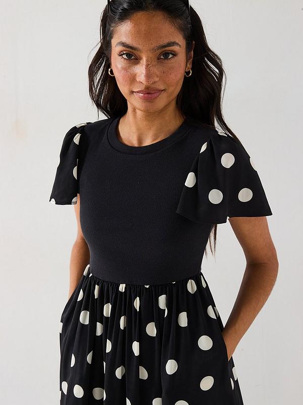 Polka Dot Woven Mix Midi Dress - Black