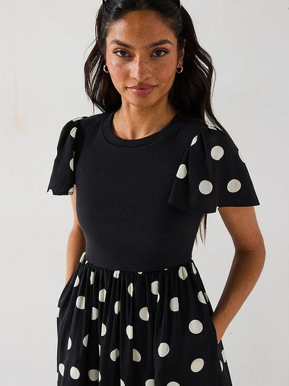 Polka Dot Woven Mix Midi Dress - Black